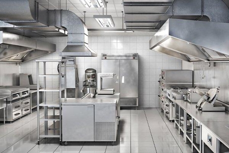 Industrial stainless steel kitchen in a restaurant.