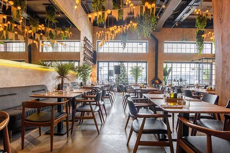 Large cozy restaurant interior.